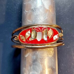 Vintage Red Alpaca Silver with Abalone Butterfly Inlay Bracelet for Small Wrist
